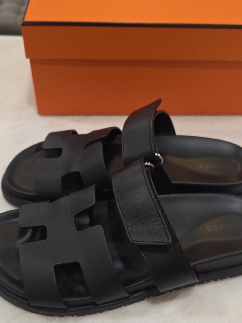 Hermes Black Leather H-Cut Slide Sandals - Picture 2 of 5